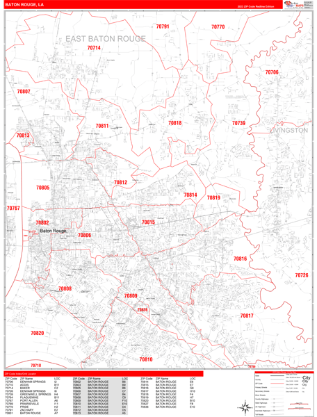 Baton Rouge City Wall Map Red Line Style